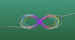 simbolo dell'infinito con i colori dell'arcobaleno su sfondo verde